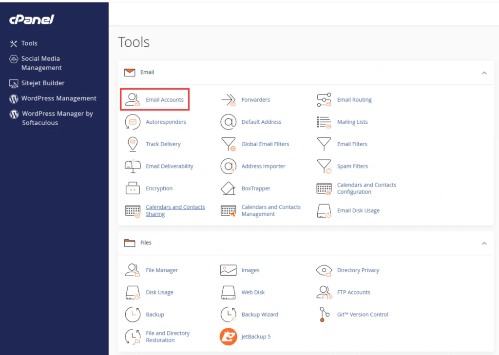 Access the “Email Accounts” Section