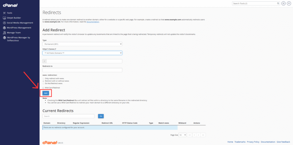 Add Redirect form filled in cPanel with red arrow – HostraGo
