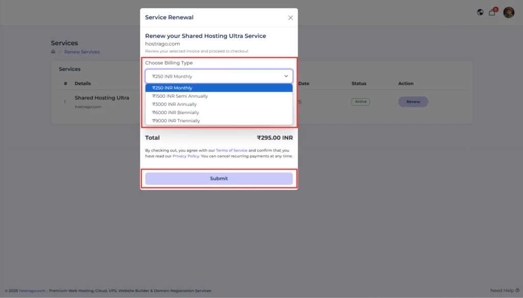 Choose Billing Term & Confirm