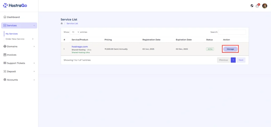 Click “Manage” on Active Service