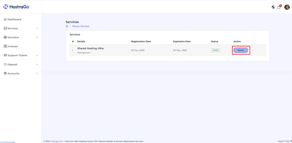 Click Renew from the Service Detail Page