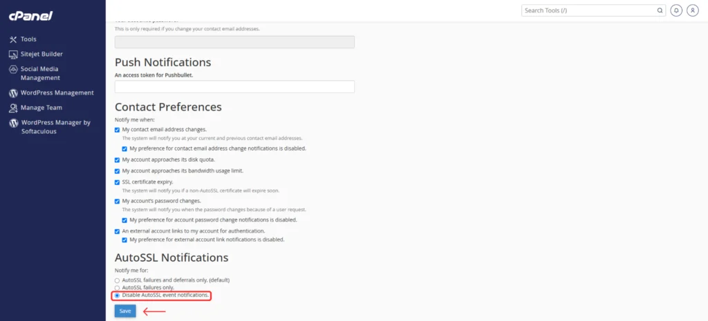 Contact Information showing notification settings