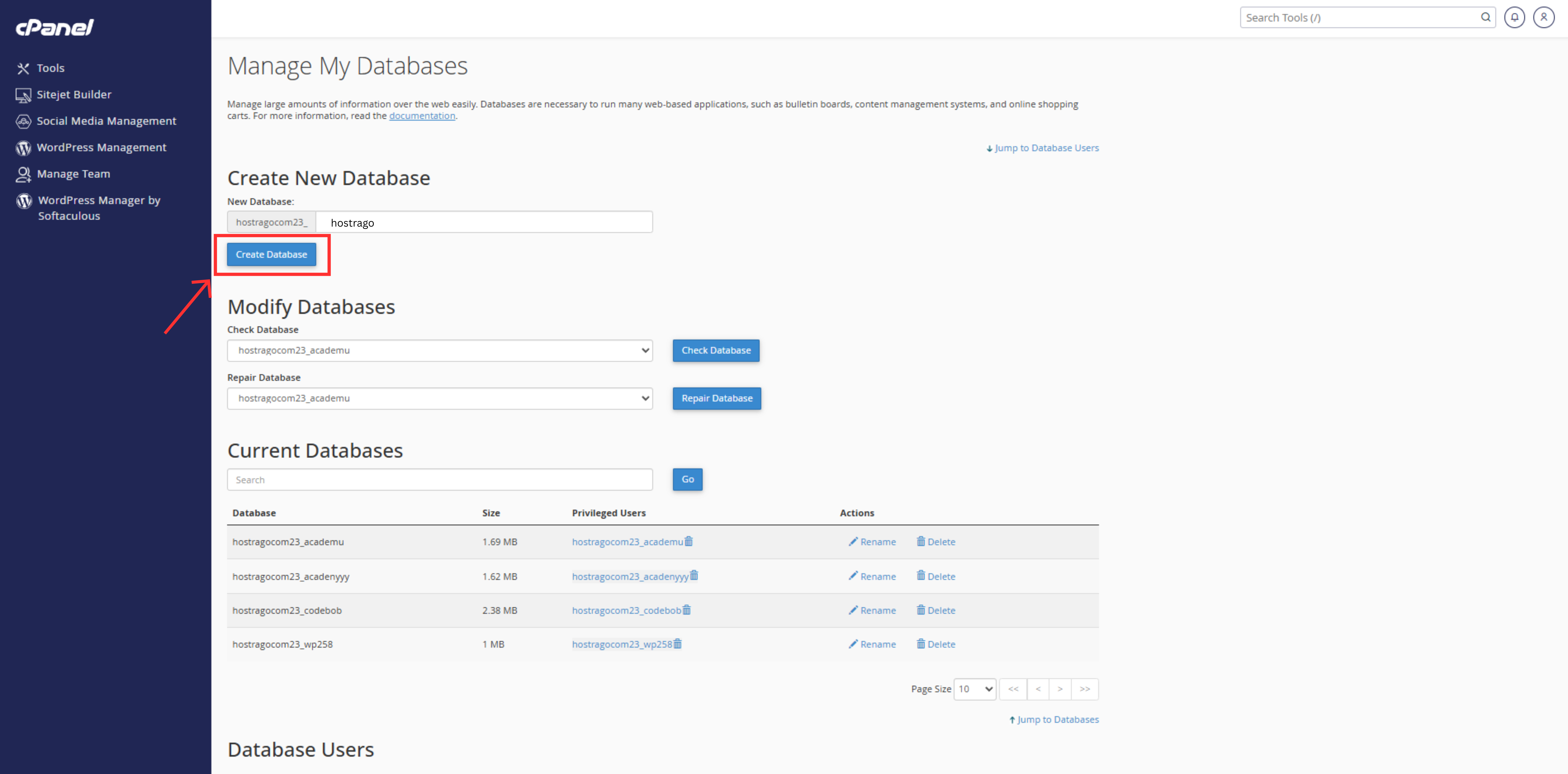Create a New Database in cpnale