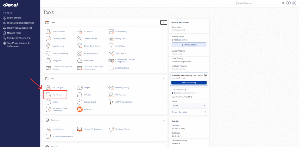 Disk Usage tool highlighted in HostraGo cPanel dashboard