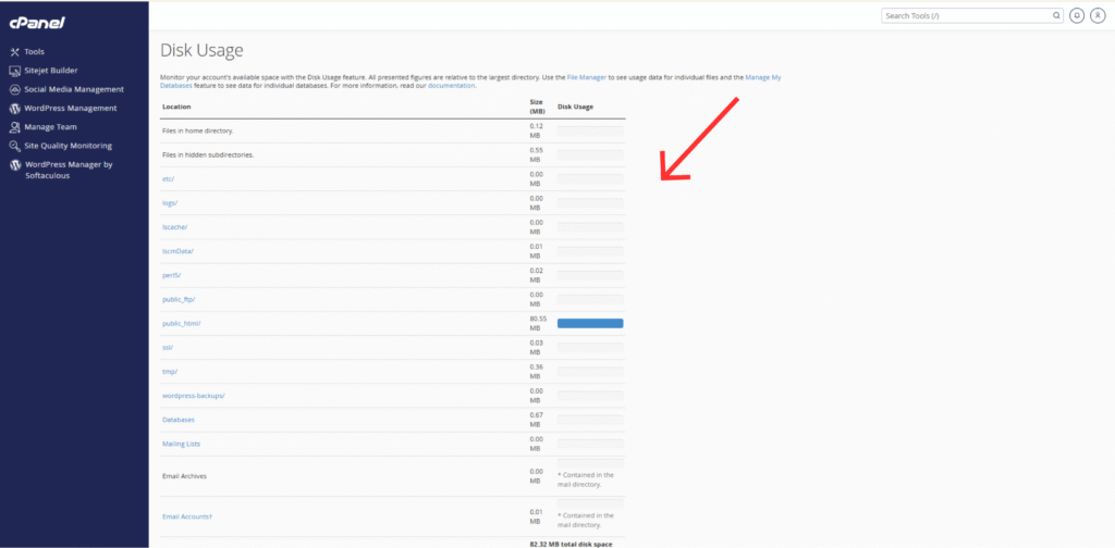 Disk usage bar chart and folder size breakdown in cPanel