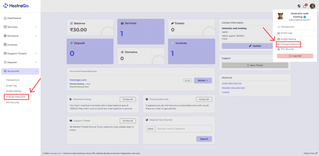 HostraGo dashboard showing how to access the Change Password option