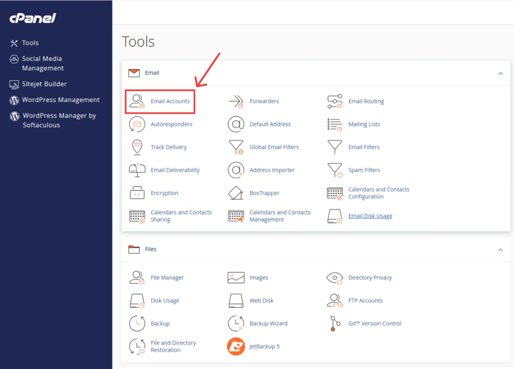 Insert your screenshot showing cPanel Dashboard highlighting “Email Accounts”
