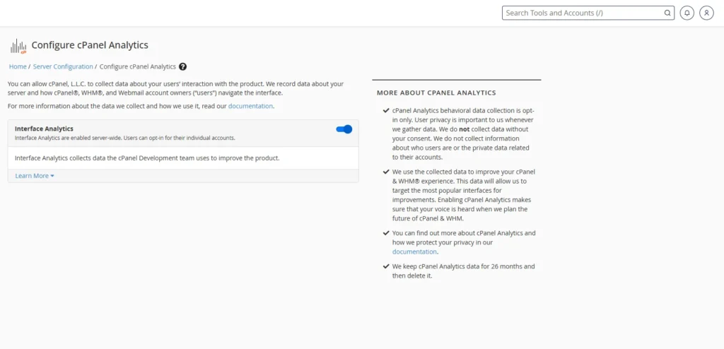 Interface Analytics toggle button enabled.