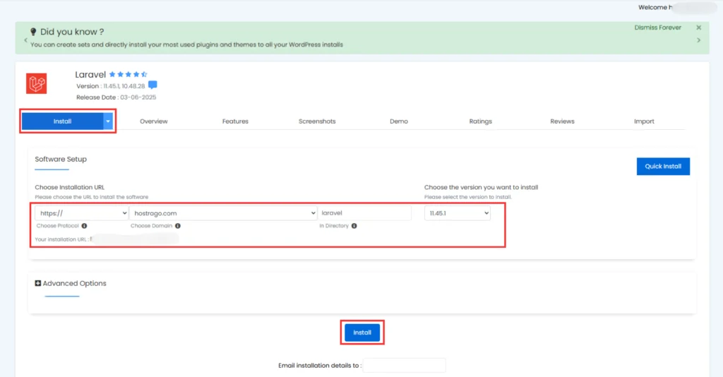 Laravel install configuration settings