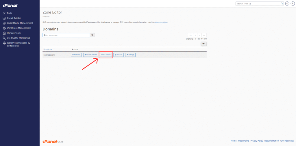 MX Record button highlighted for HostraGo domain in cPanel Zone Editor