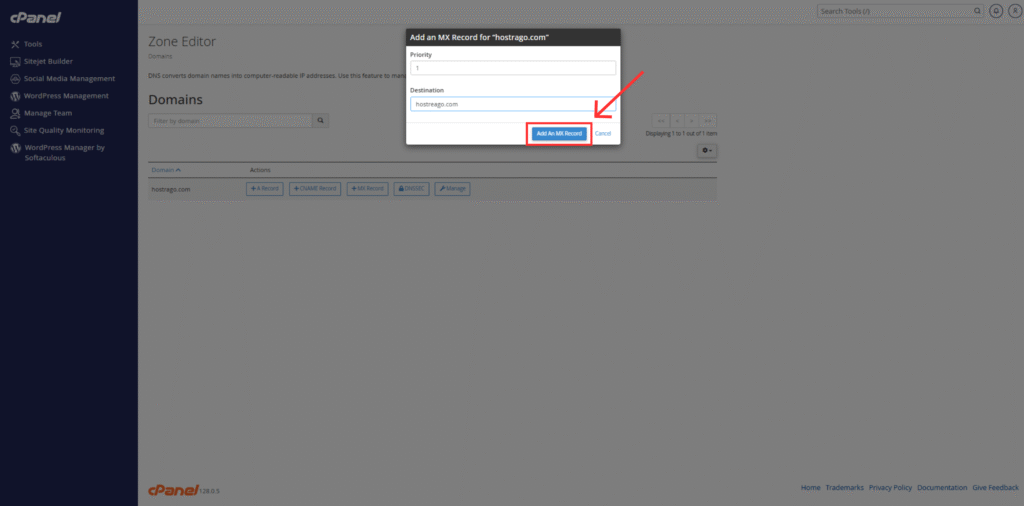 MX record entry form for HostraGo domain in cPanel with red arrow