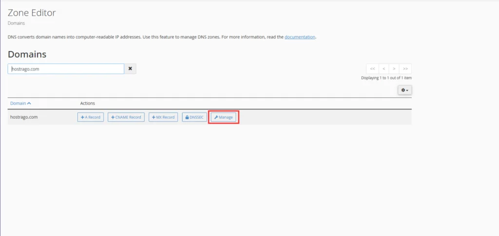 Manage Button for Domain in Zone Editor