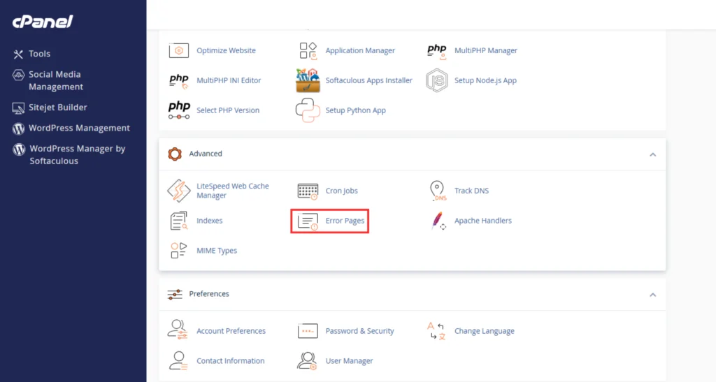 Navigate to the Error Pages Section