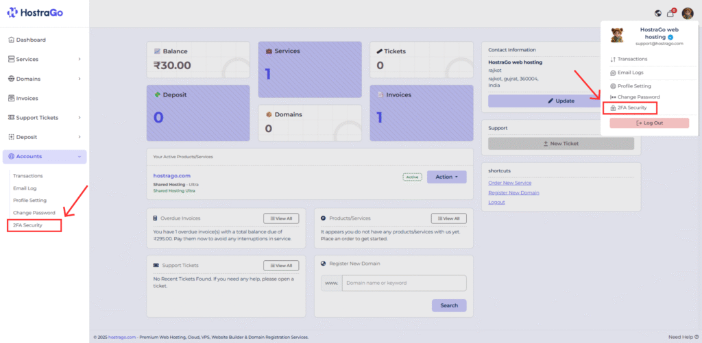 Red arrows pointing to 2FA Security under the Accounts menu and top-right dropdown menu.