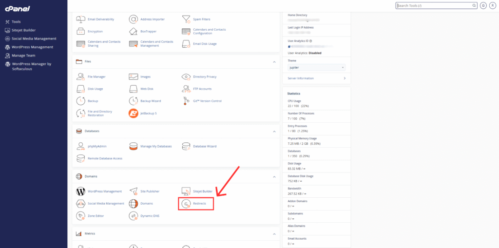 Redirects tool highlighted in cPanel dashboard – HostraGo