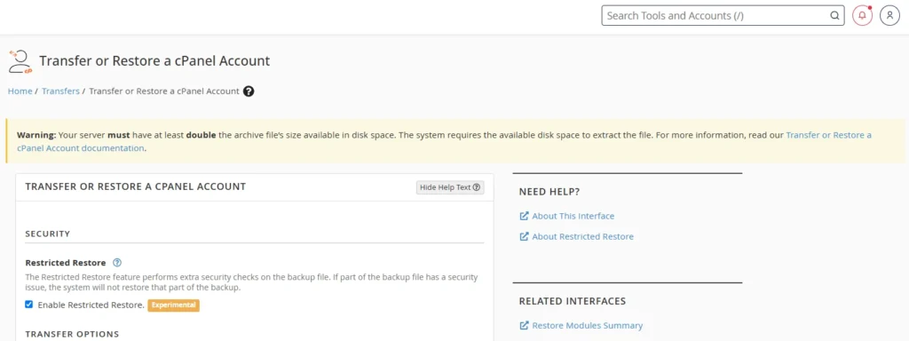 Restricted Restore checkbox highlighted