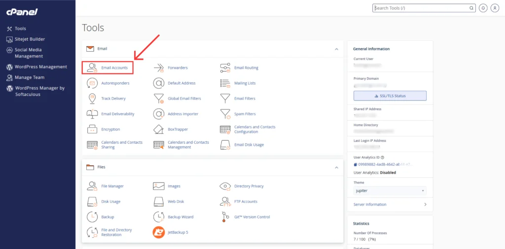 Screenshot highlighting Email Accounts section in cPanel