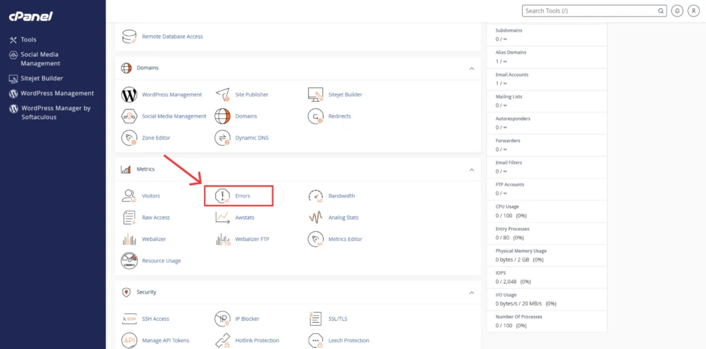 Screenshot highlighting Metrics section in cPanel