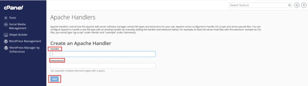 Screenshot of Adding Apache Handler in cPanel