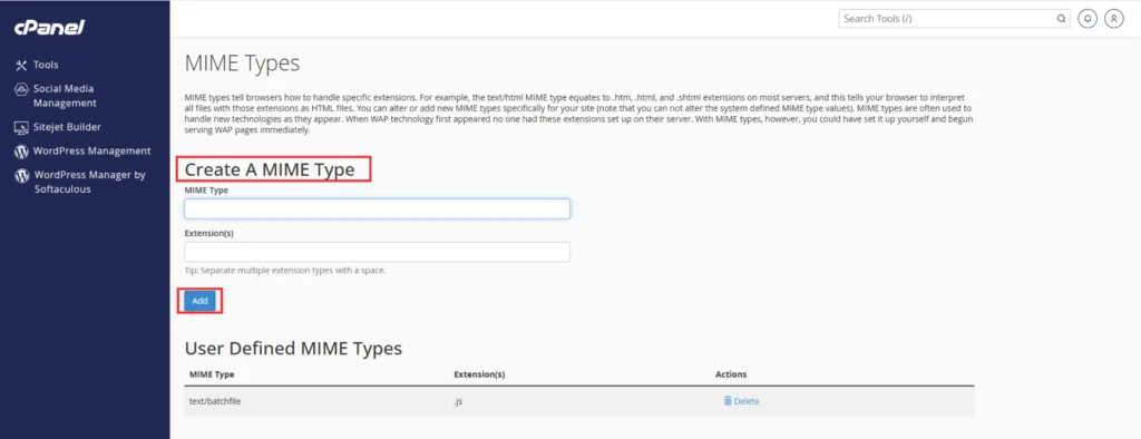 Screenshot of Adding MIME Type in cPanel