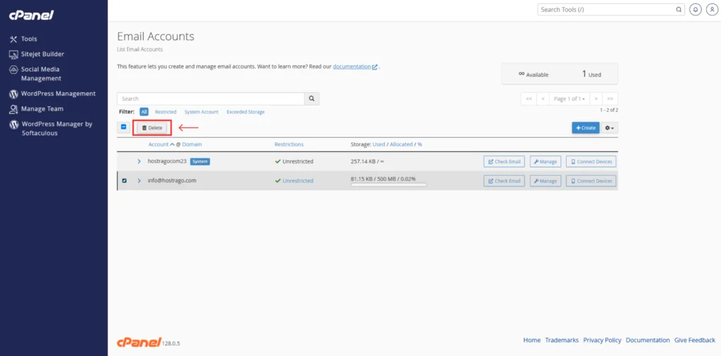 Screenshot of Delete option next to an email account