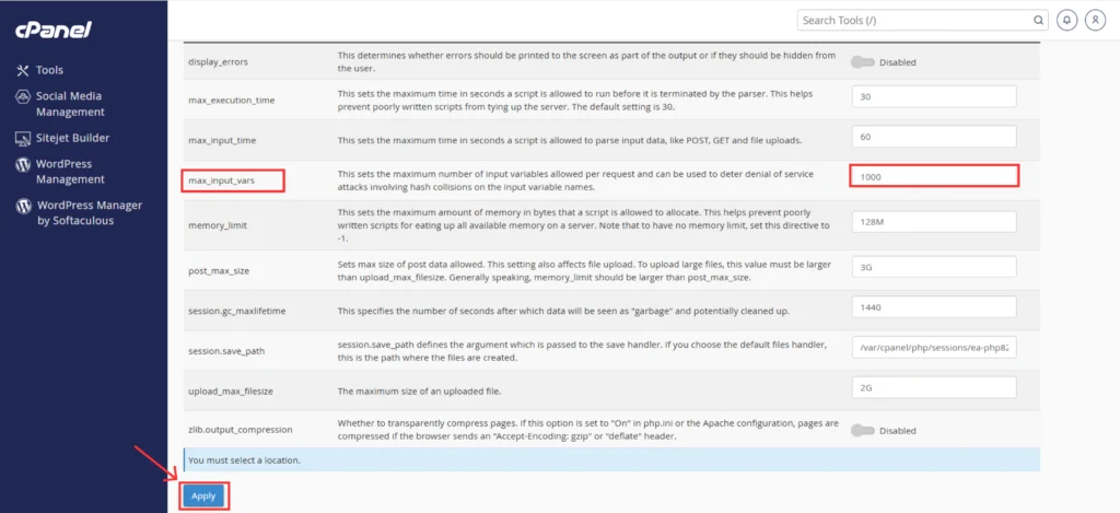 Screenshot of MultiPHP INI Editor with max_input_vars field