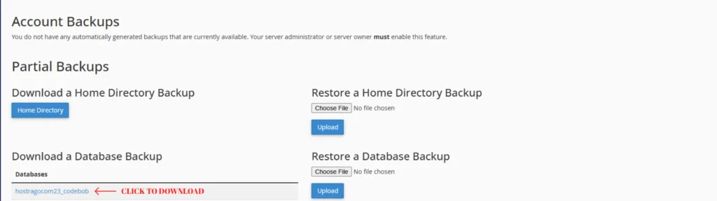 Screenshot of MySQL Database Backup List in cPanel