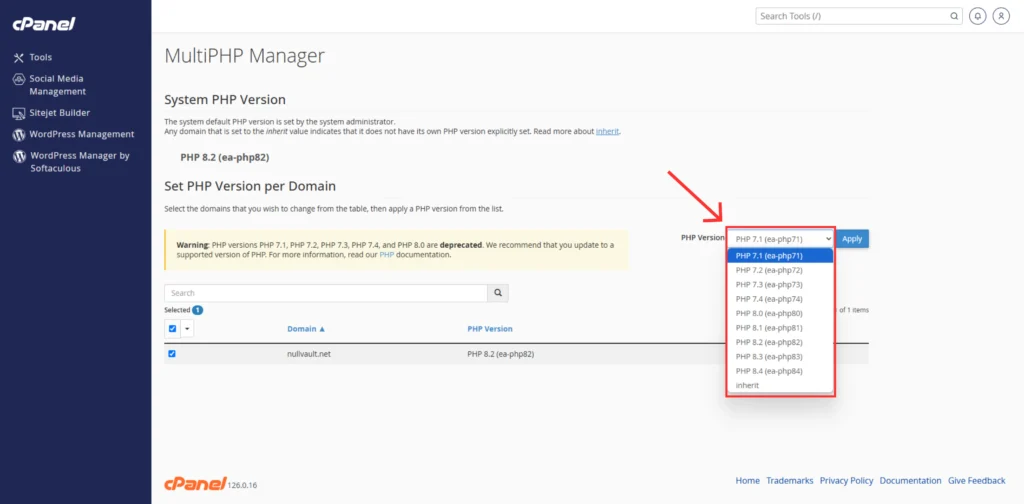 Screenshot of PHP version dropdown selection