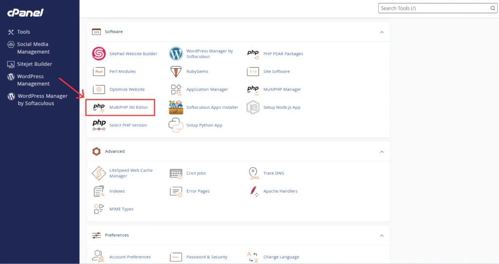 Screenshot of Software section with MultiPHP INI Editor or Select PHP Version