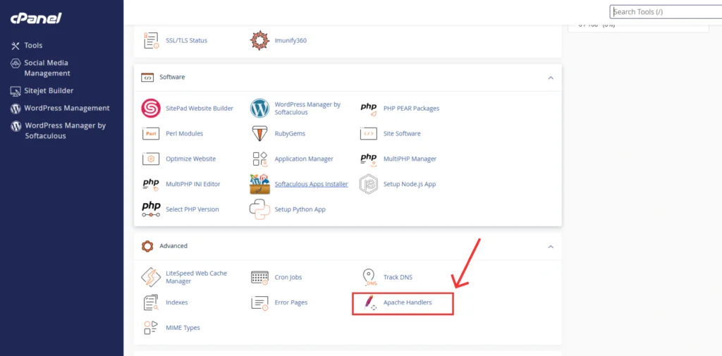 Screenshot of cPanel Apache Handlers Section