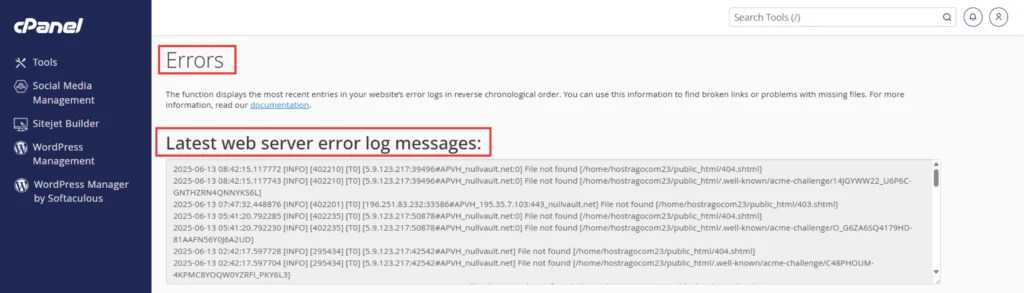 Screenshot of cPanel Error Log interface