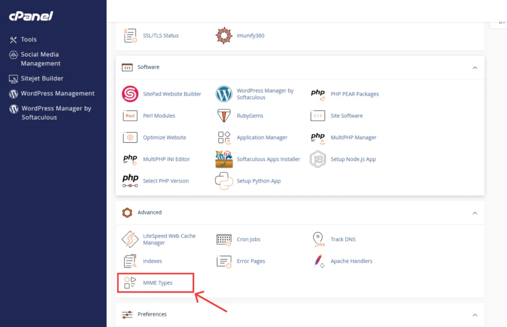Screenshot of cPanel MIME Types Section