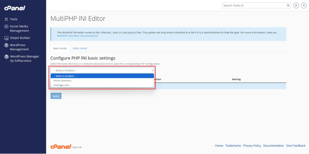 Screenshot of domain selection dropdown