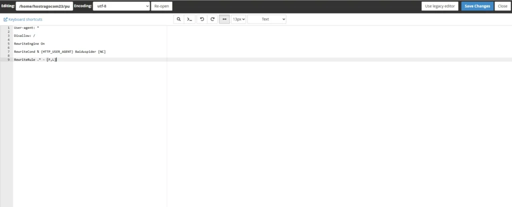 Screenshot of editing robots.txt file