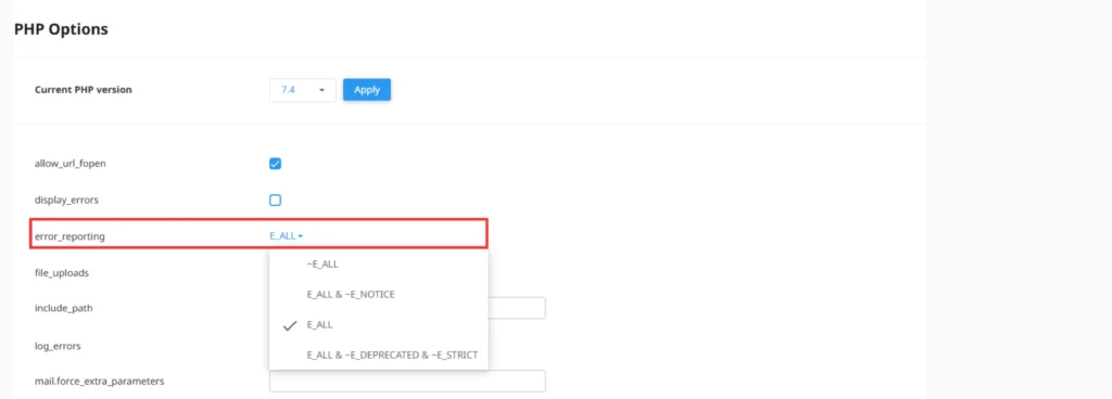 Screenshot of error_reporting and display_errors Settings