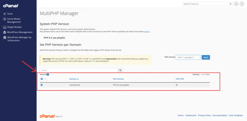 Screenshot showing domain selection