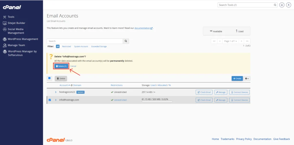 Screenshot showing the email account list after deletion