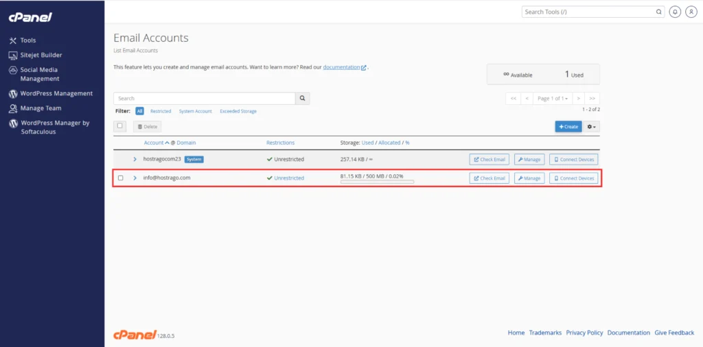 Screenshot showing the list of existing email accounts