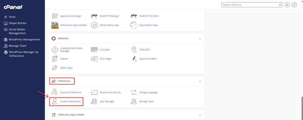cPanel Home page highlighting Contact Information option