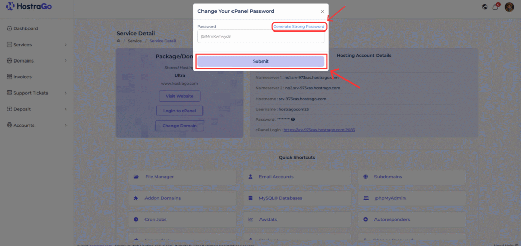 cPanel password change popup with submit and generate password option highlighted
