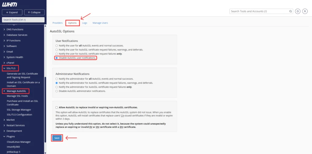 disable notifications in whm