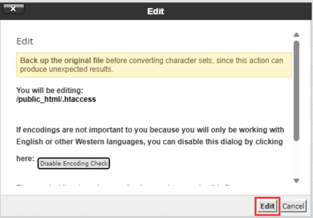 edit page of htaccess