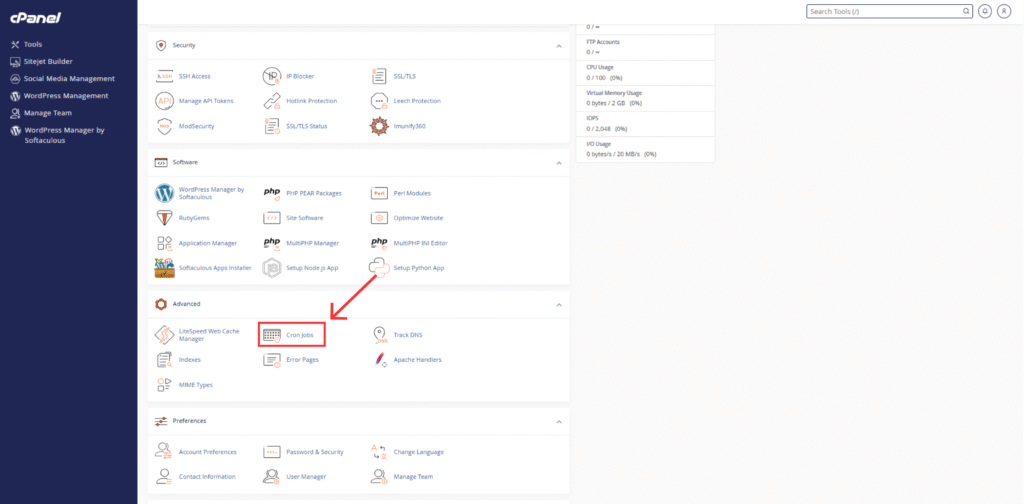 highlighting Cron Jobs icon in cPanel