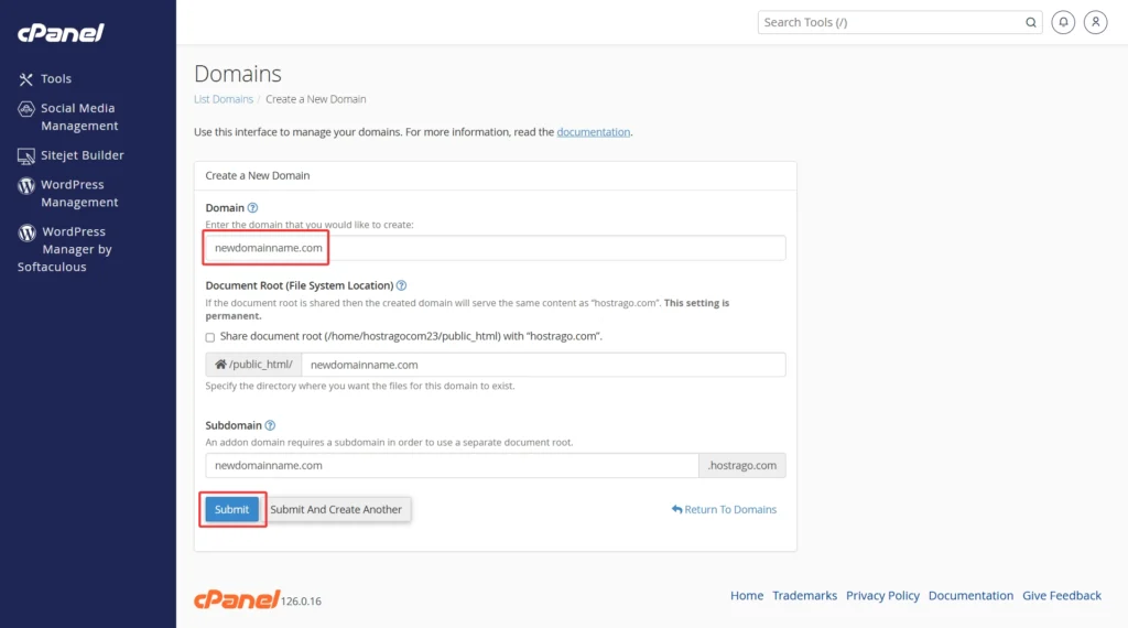 how to create domain in cpanel by submitting domain settings