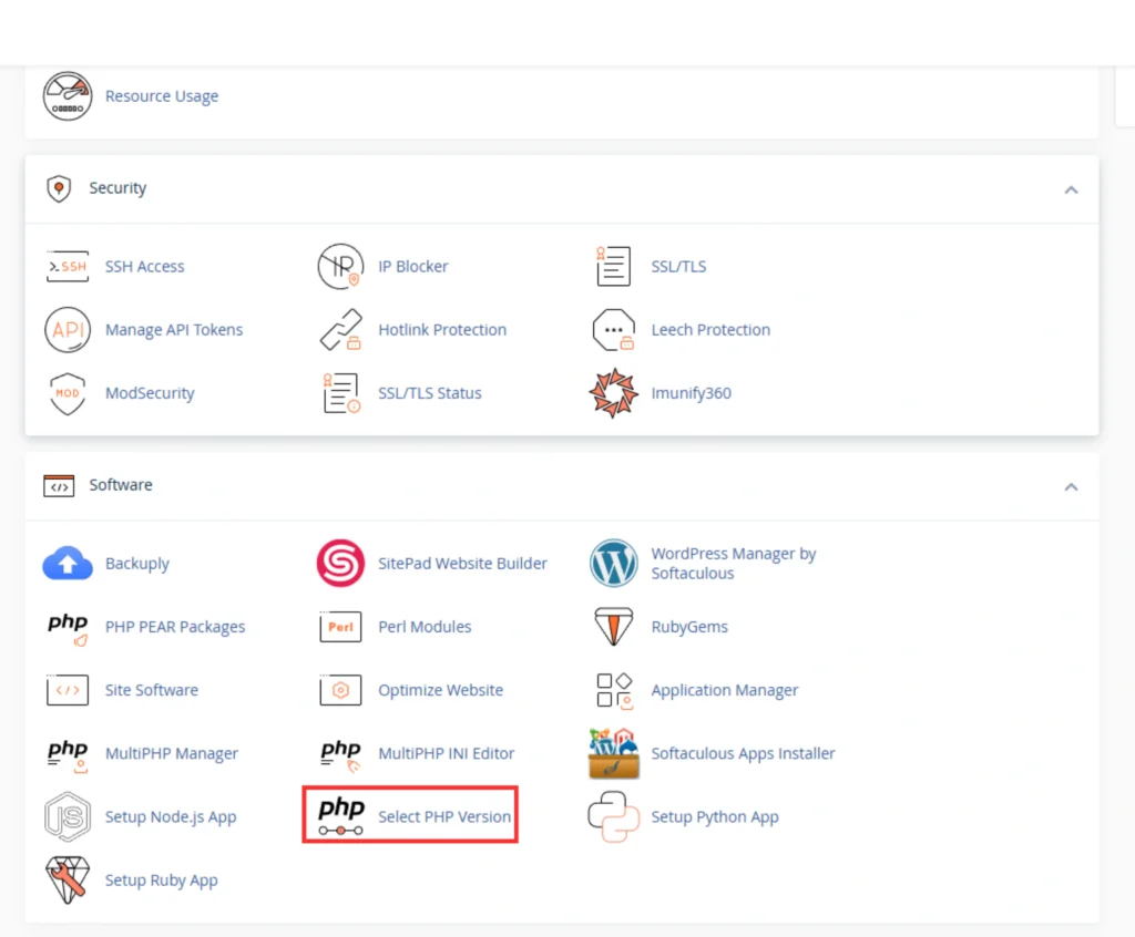 Access the “Select PHP Version”