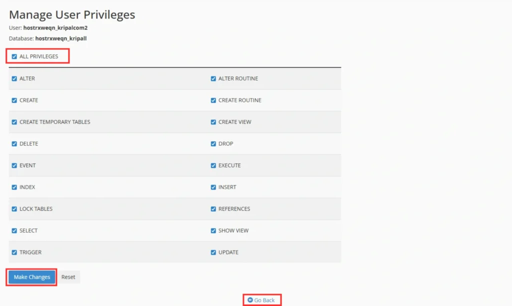 Grant All Privileges to the Userr