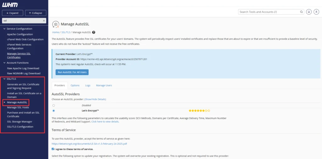 Navigate to Manage AutoSSL