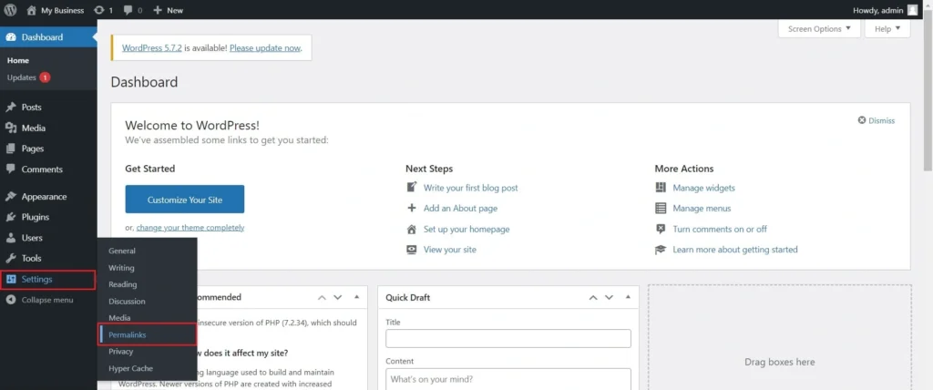 WordPress dashboard